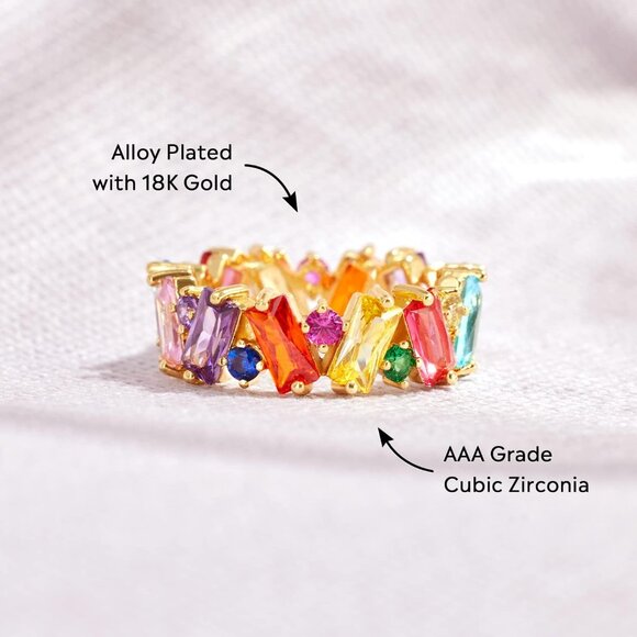 Colorful Rainbow Ring, Emerald Cut Eternity Band Rings for Women, 18K Gold Plate - Picture 3 of 7